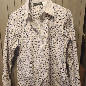 Harve Benard White Shirt with Blue Floral Print and Striped Collar